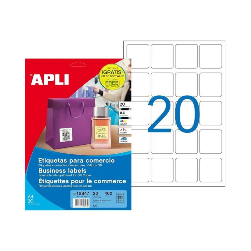 Apli etiq. adh. 12847 qr 45x45 mm. 400 etiq. blancas 20 hojas qr+cd
