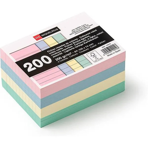 MIQUELRIUS PAQUETE 200 FICHAS COLORES A7 74X105 HOR