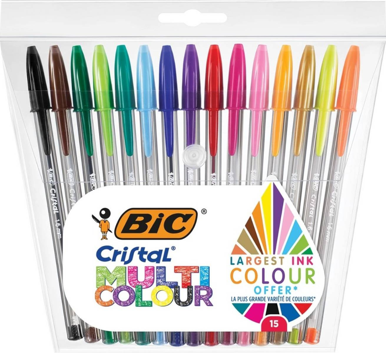 Pack 15 unidades boli bic cristal multicolour punta 1.6mm ancho de linea 0.42mm colores surtidos
