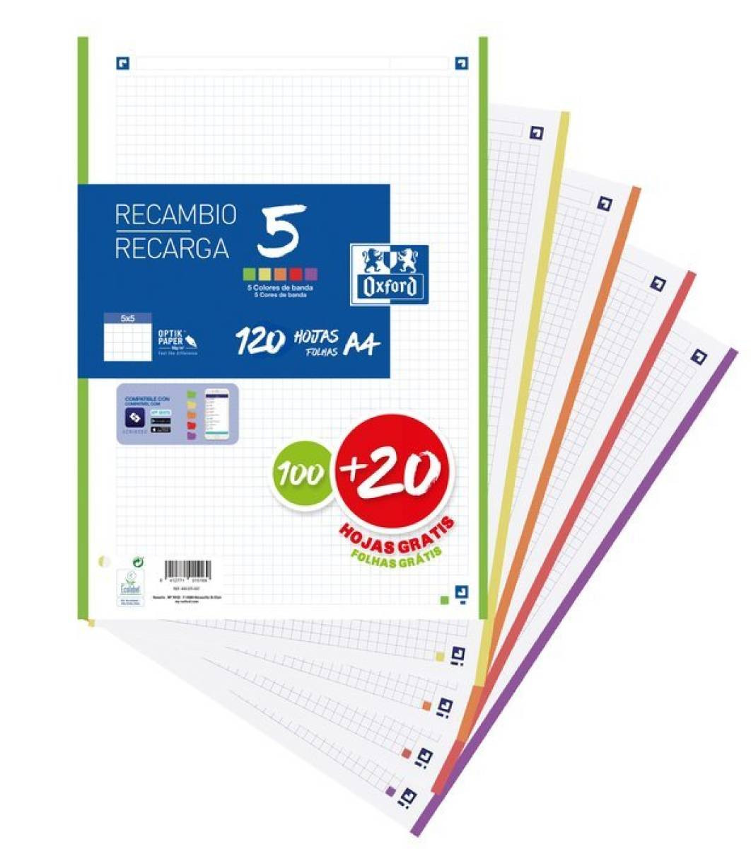 Recambio a4 5x5 100+20 hojas 5 colores vivos oxford