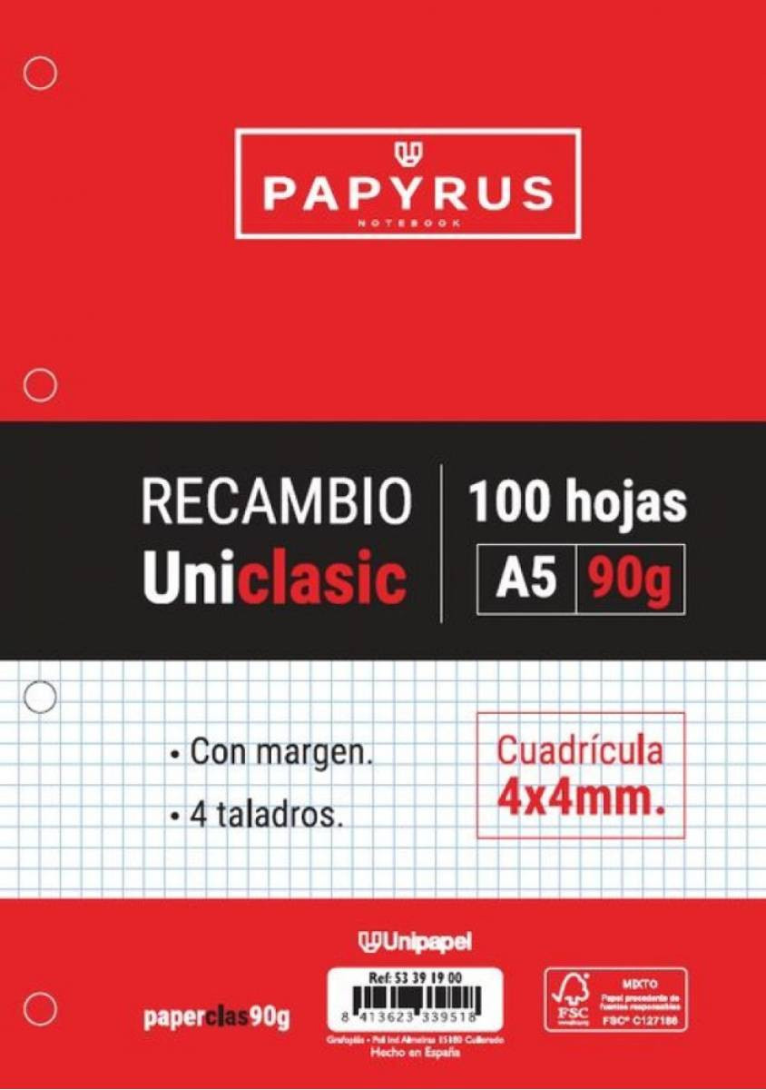 Recambios A5 100 Hojas 90 G Cuadricula 4X4 mm Con Margen Con Taladros Uniclasic Papyrus